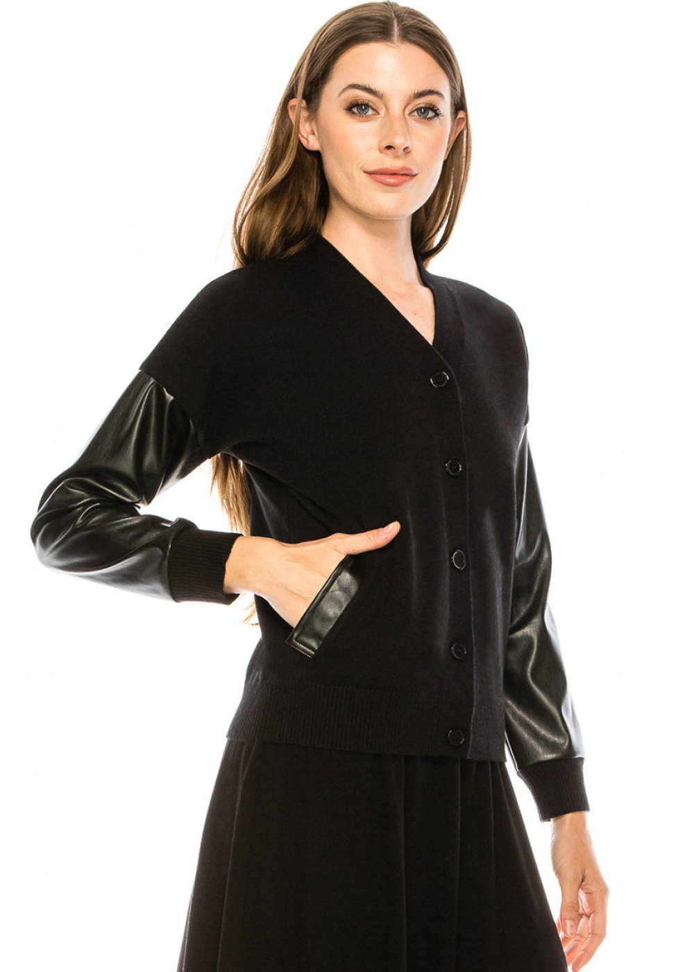 Black cardigan shop with leather sleeves